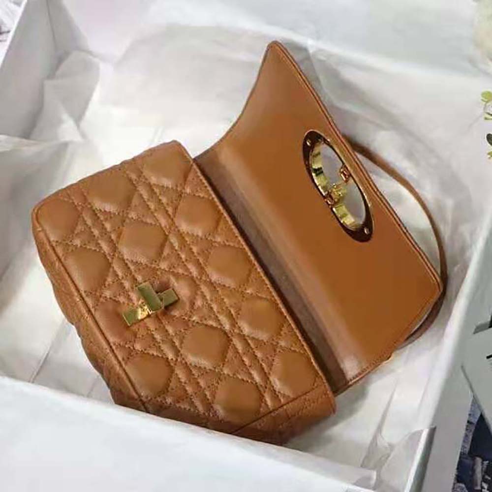 Dior Women Small Dior Caro Bag Cognac-Colored Supple Cannage Calfskin