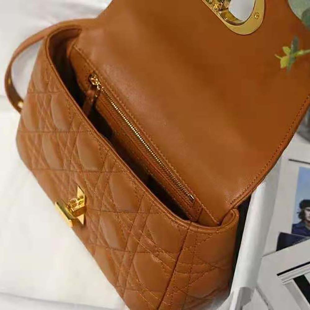 Dior Women Small Dior Caro Bag Cognac-Colored Supple Cannage Calfskin