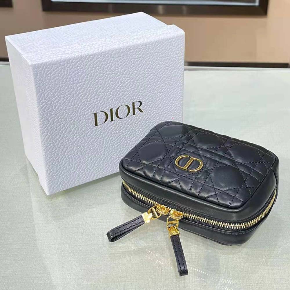 Dior Women Small Dior Caro Zipped Pouch Black Cannage Lambskin