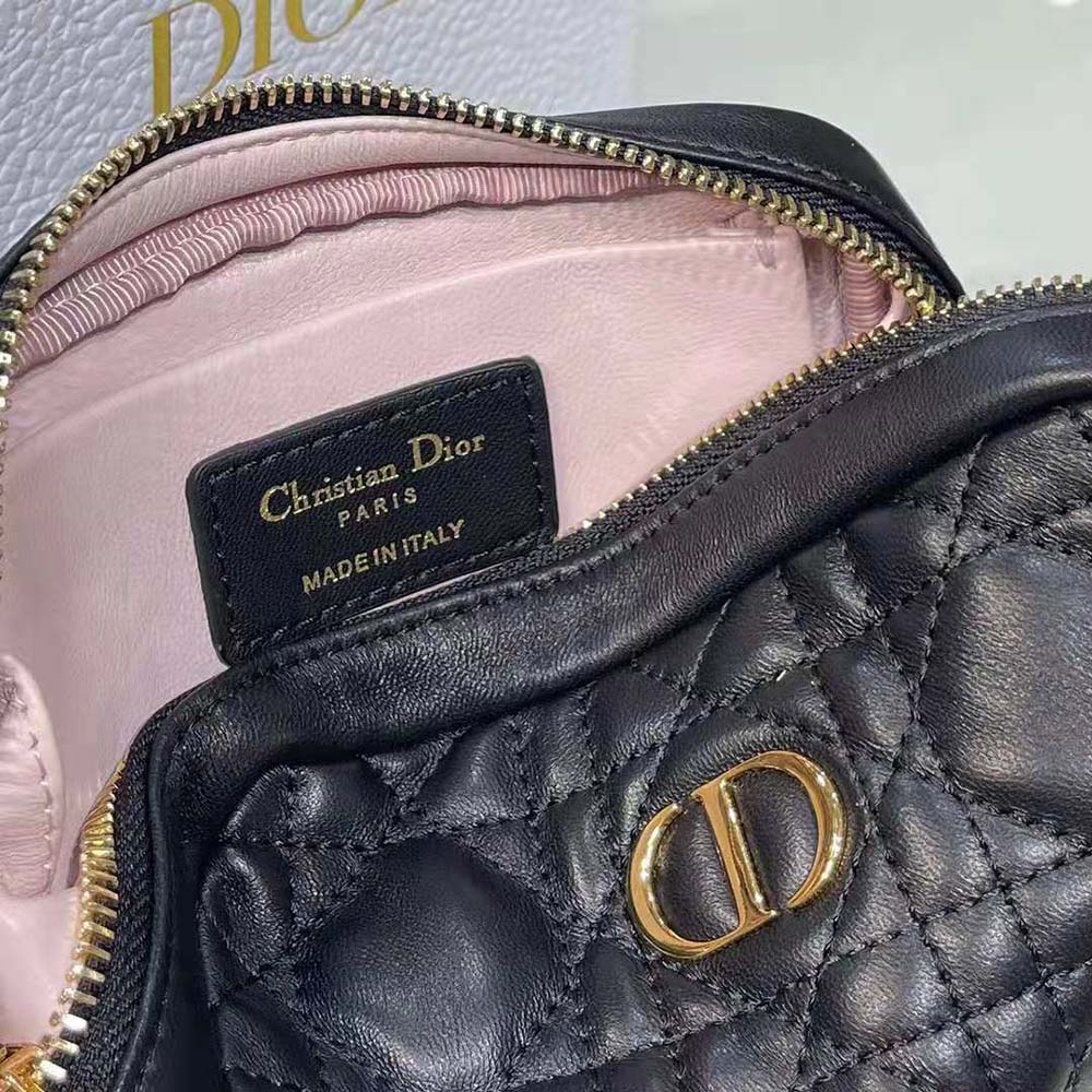 Dior Women Small Dior Caro Zipped Pouch Black Cannage Lambskin