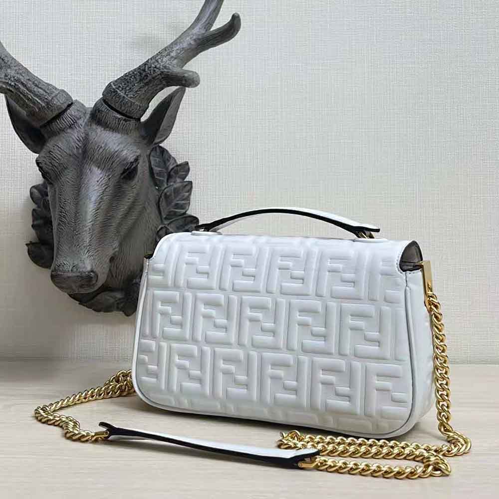 Fendi Women Baguette Chain Midi Light Gray Leather Bag-White