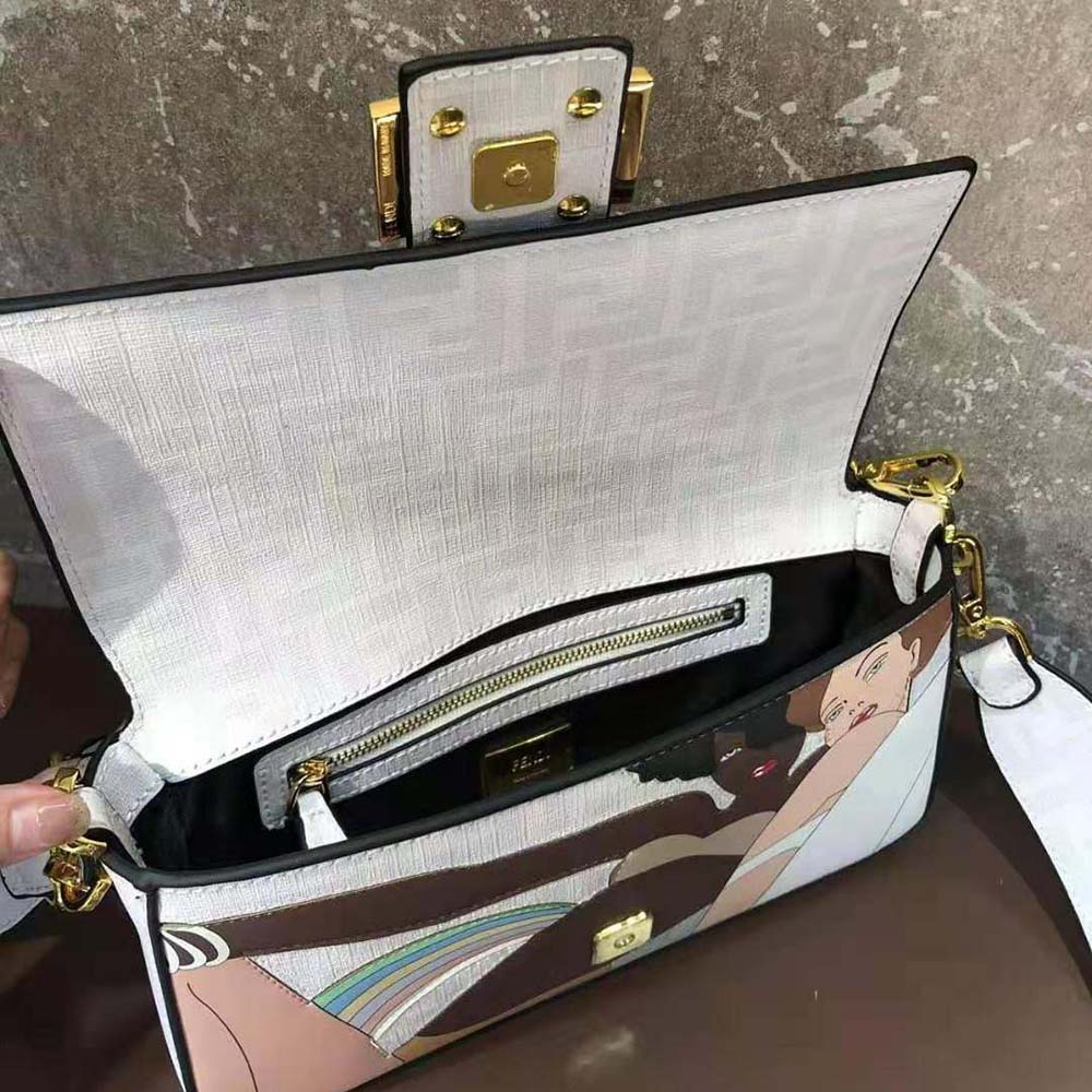Fendi Women Baguette FF White Glazed Fabric Bag with Inlay