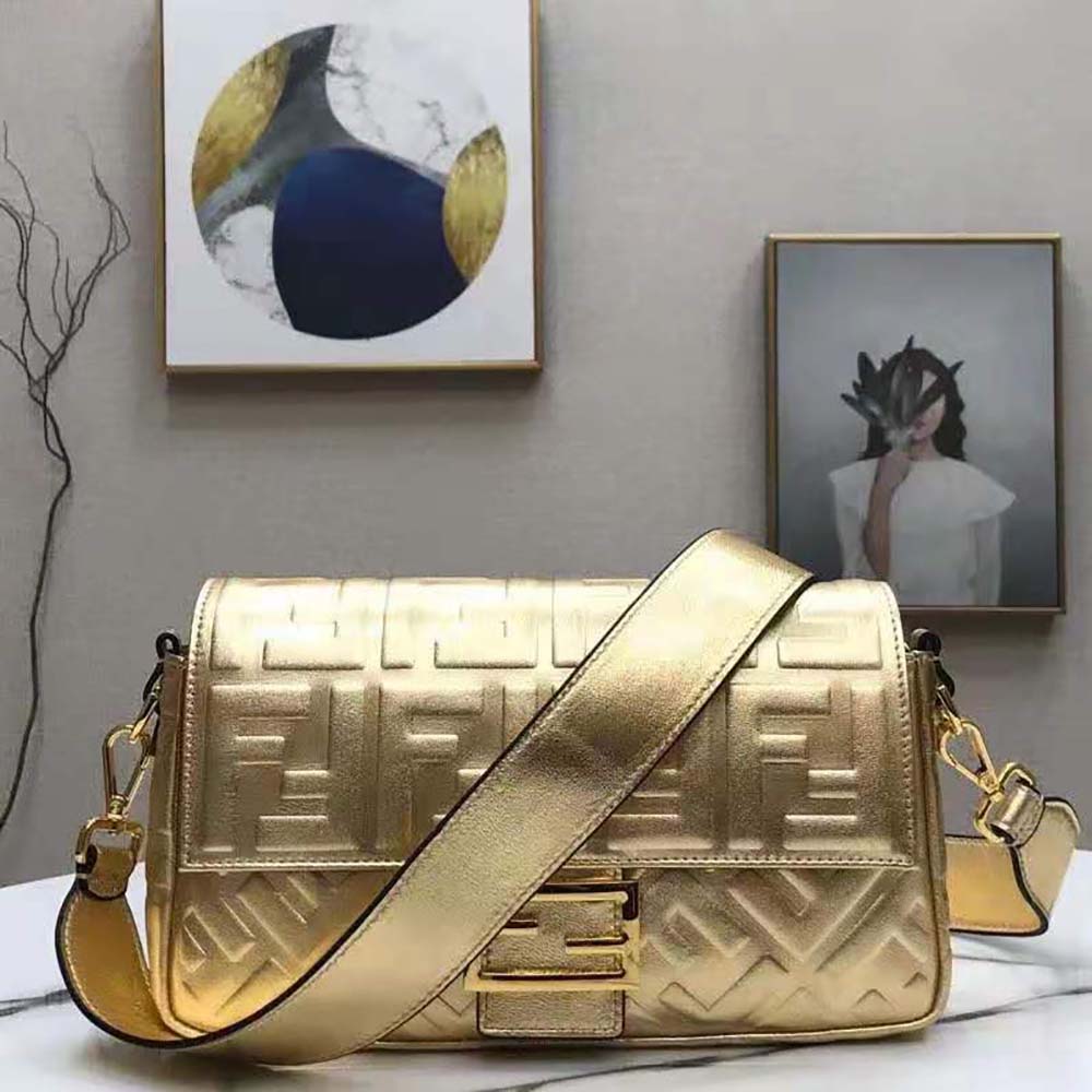 Fendi Women Baguette Fendi Prints On Leather Bag-Gold