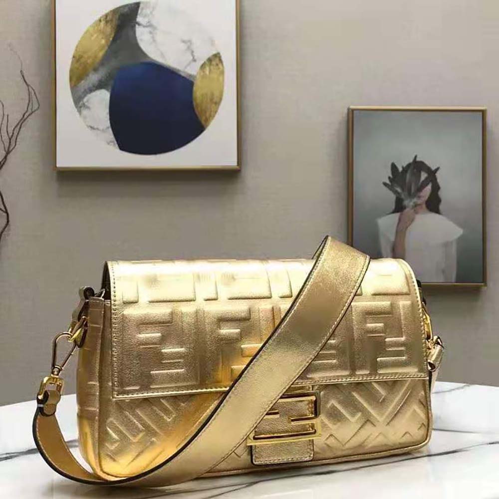 Fendi Women Baguette Fendi Prints On Leather Bag-Gold