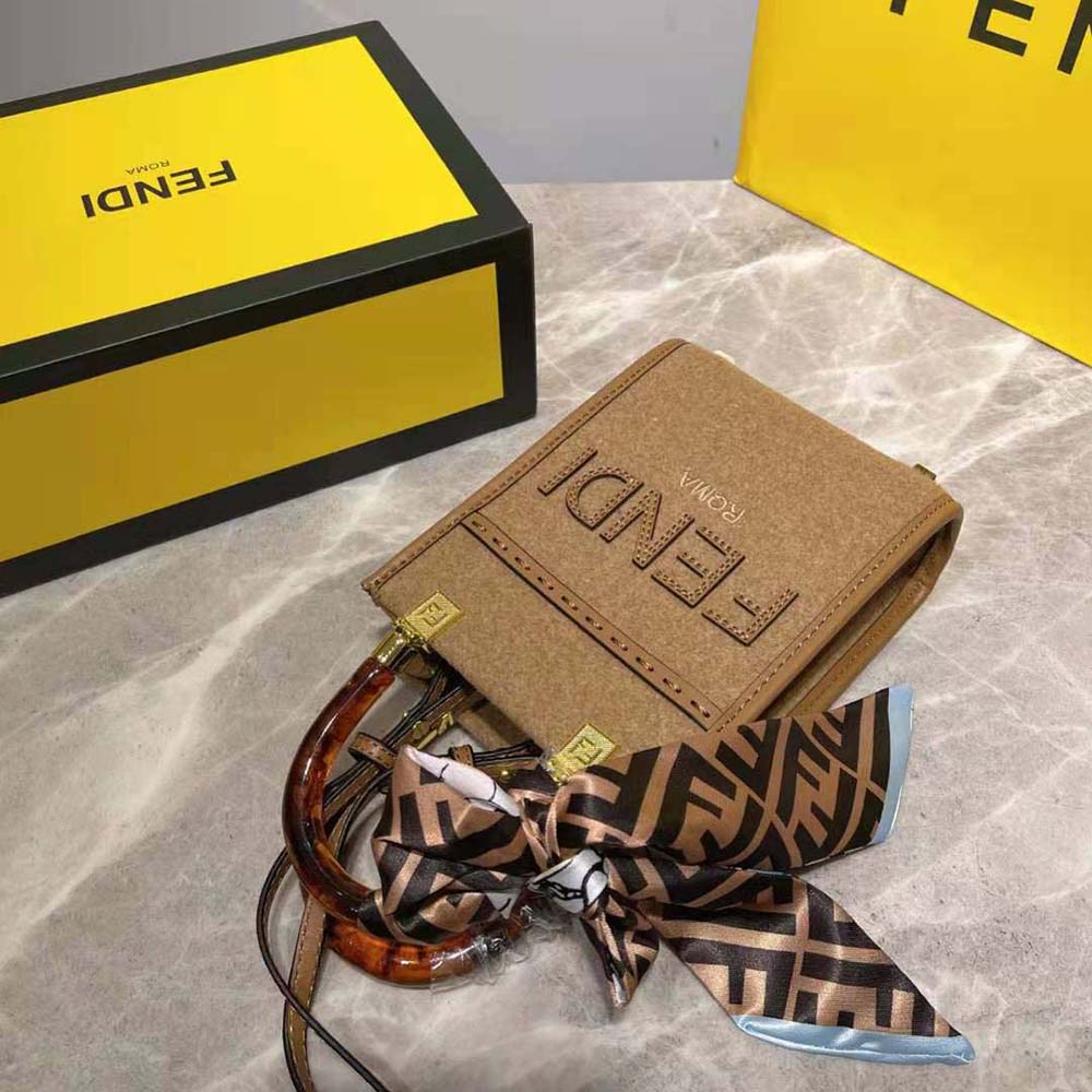 Fendi Women Mini Sunshine Shopper Brown Flannel Mini-Bag