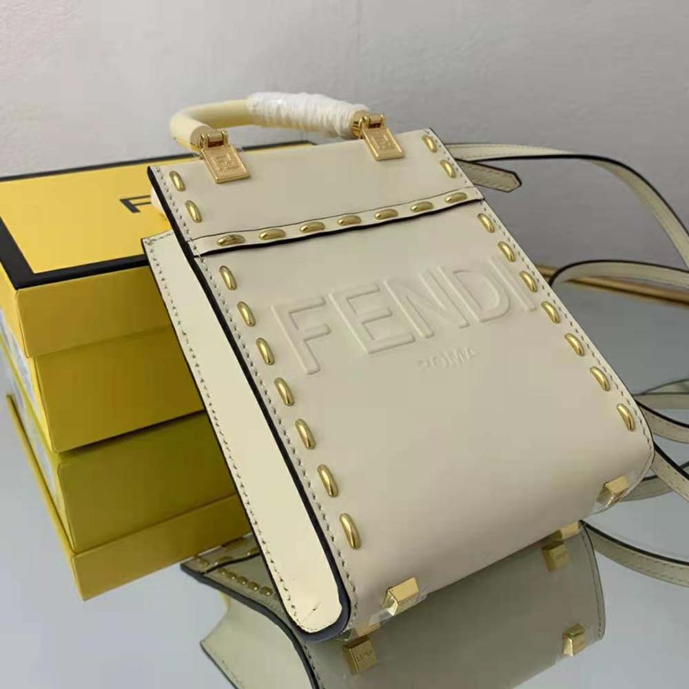 Fendi Women Mini Sunshine Shopper White Leather Mini Bag