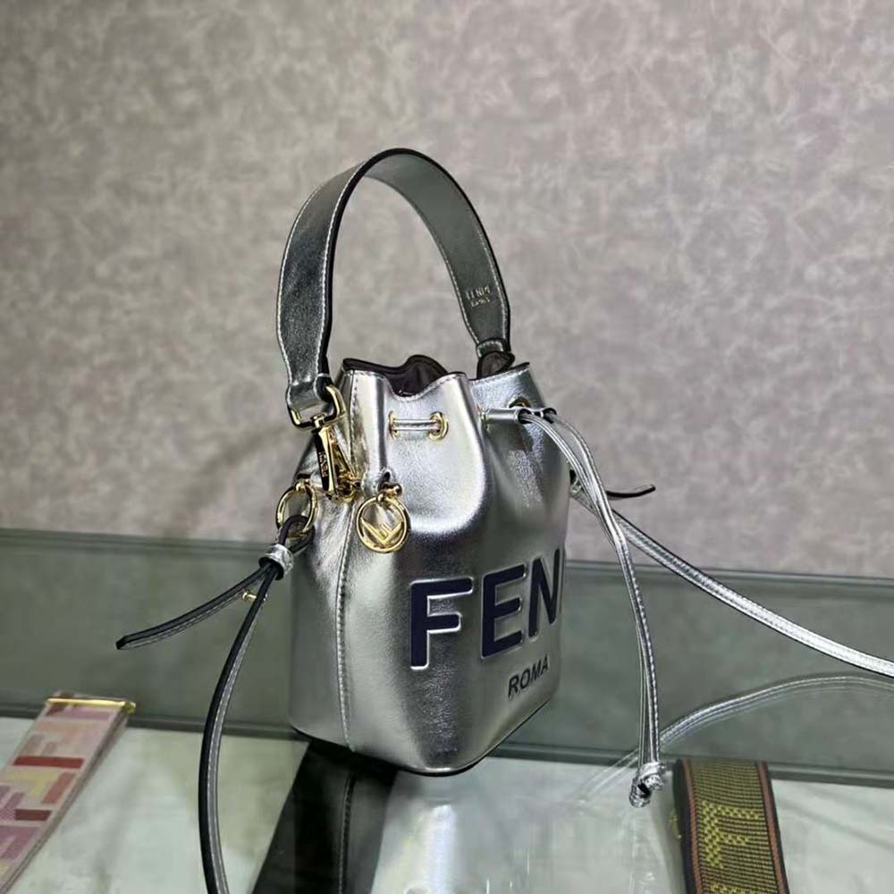 Fendi Women Mon Tresor Silver Laminated Leather Mini Bag
