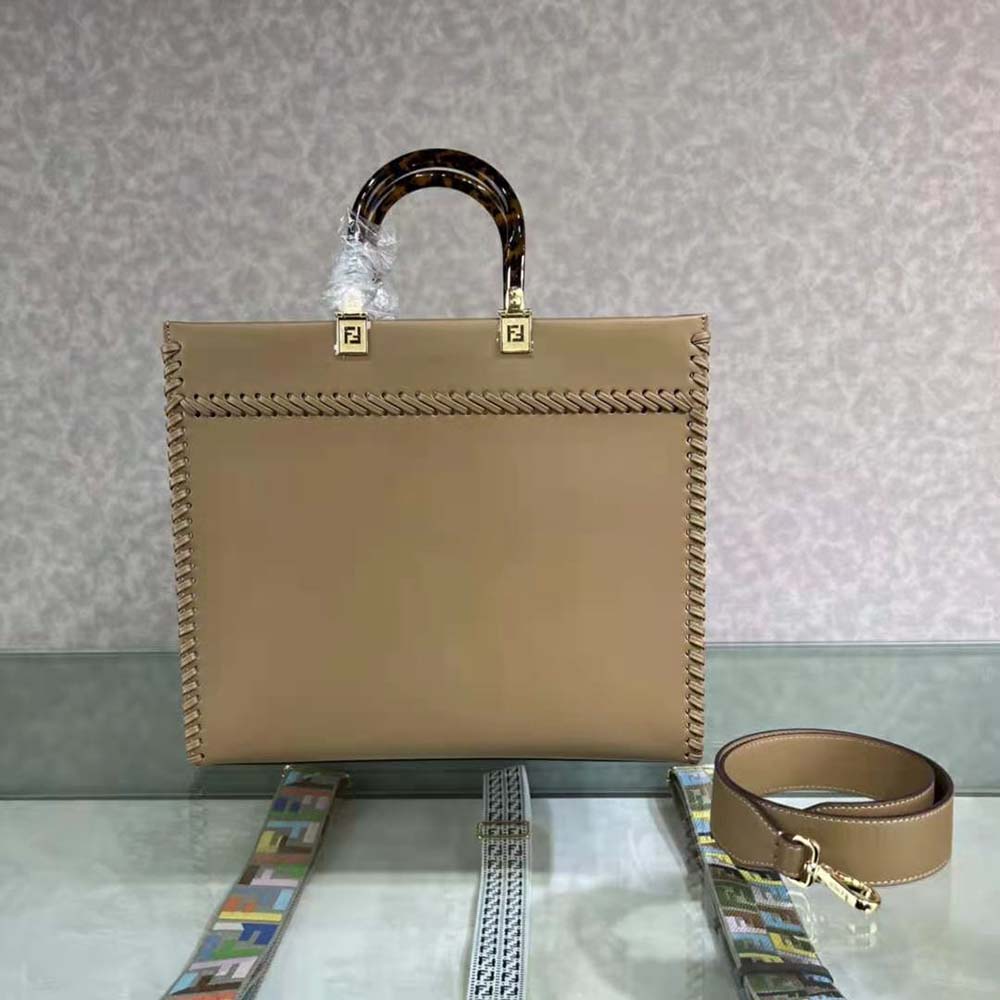 Fendi Women Sunshine Medium White Leather Shopper with Decorative Stitching