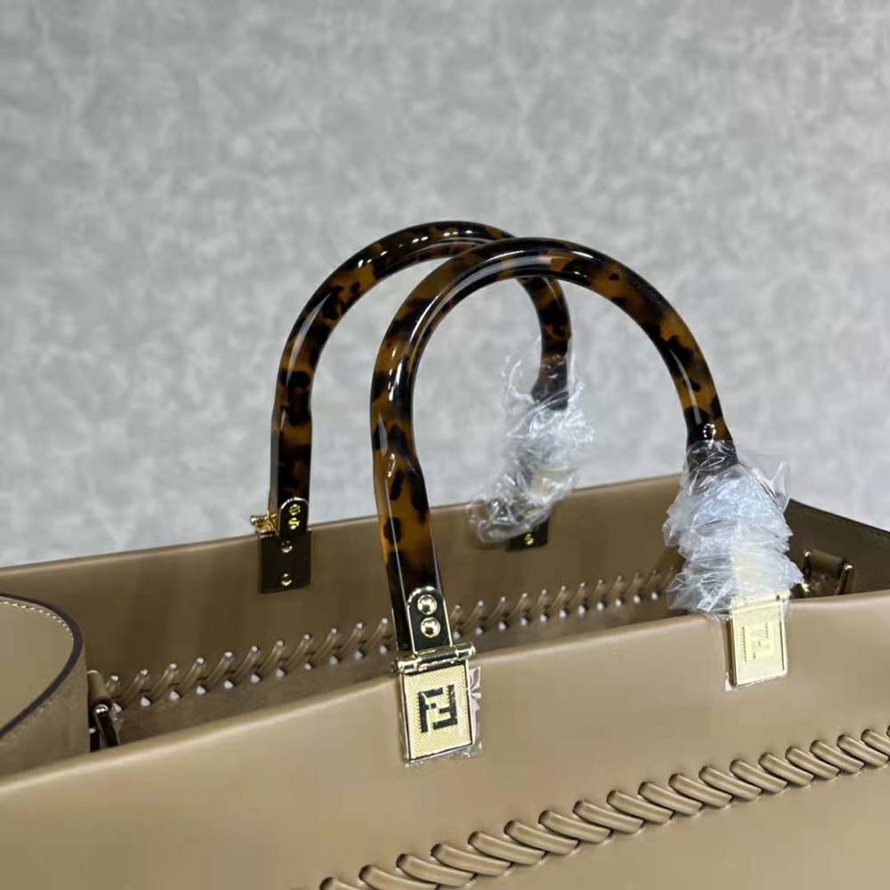 Fendi Women Sunshine Medium White Leather Shopper with Decorative Stitching