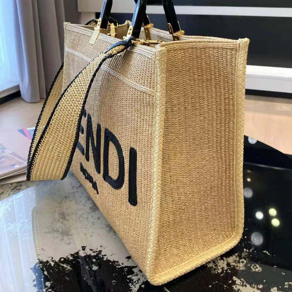 Fendi Women Sunshine Medium Embroidered Straw Shopper