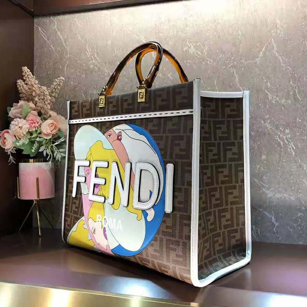 Fendi Women Sunshine Medium FF Glazed Fabric Shopper with Inlay