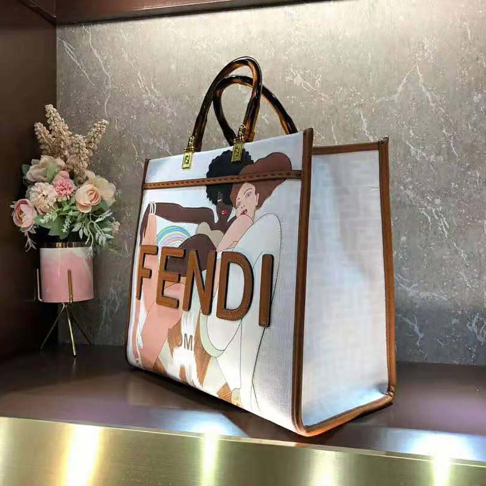 Fendi Women Sunshine Medium FF white Glazed Fabric Shopper with Inlay