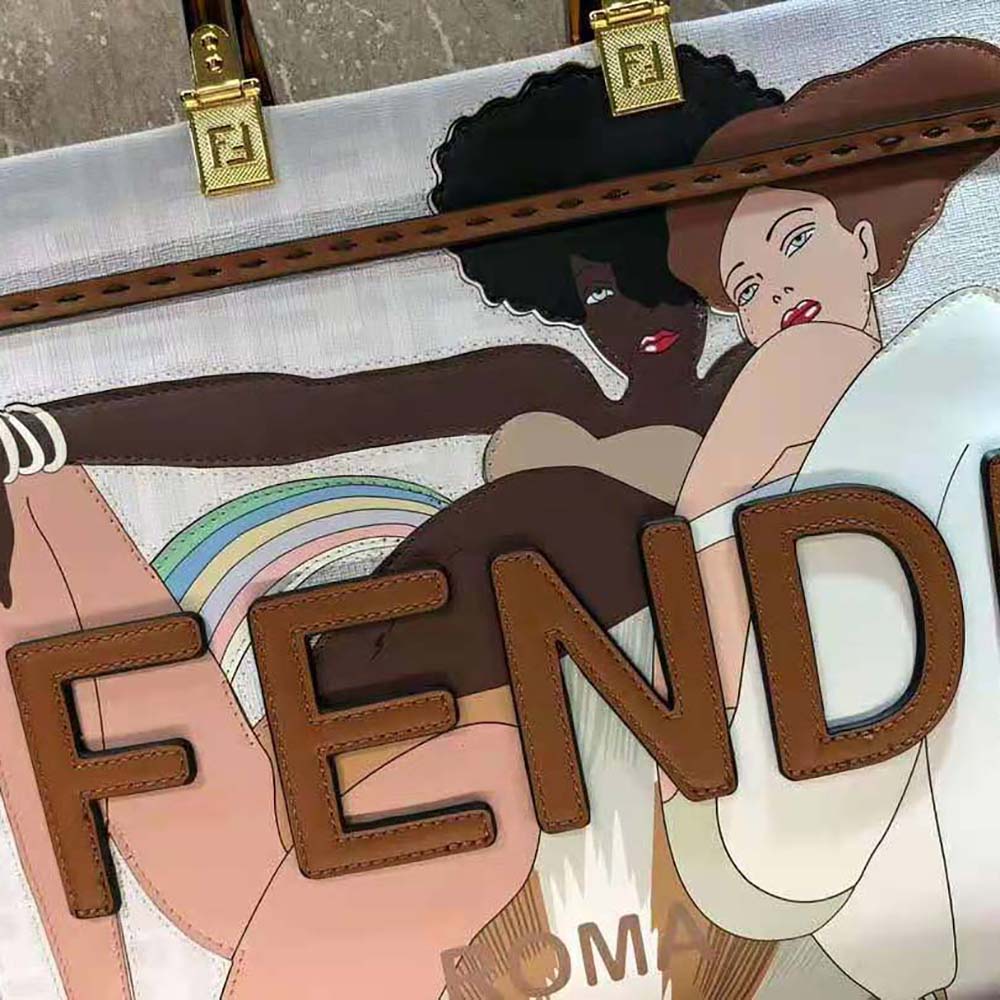 Fendi Women Sunshine Medium FF white Glazed Fabric Shopper with Inlay