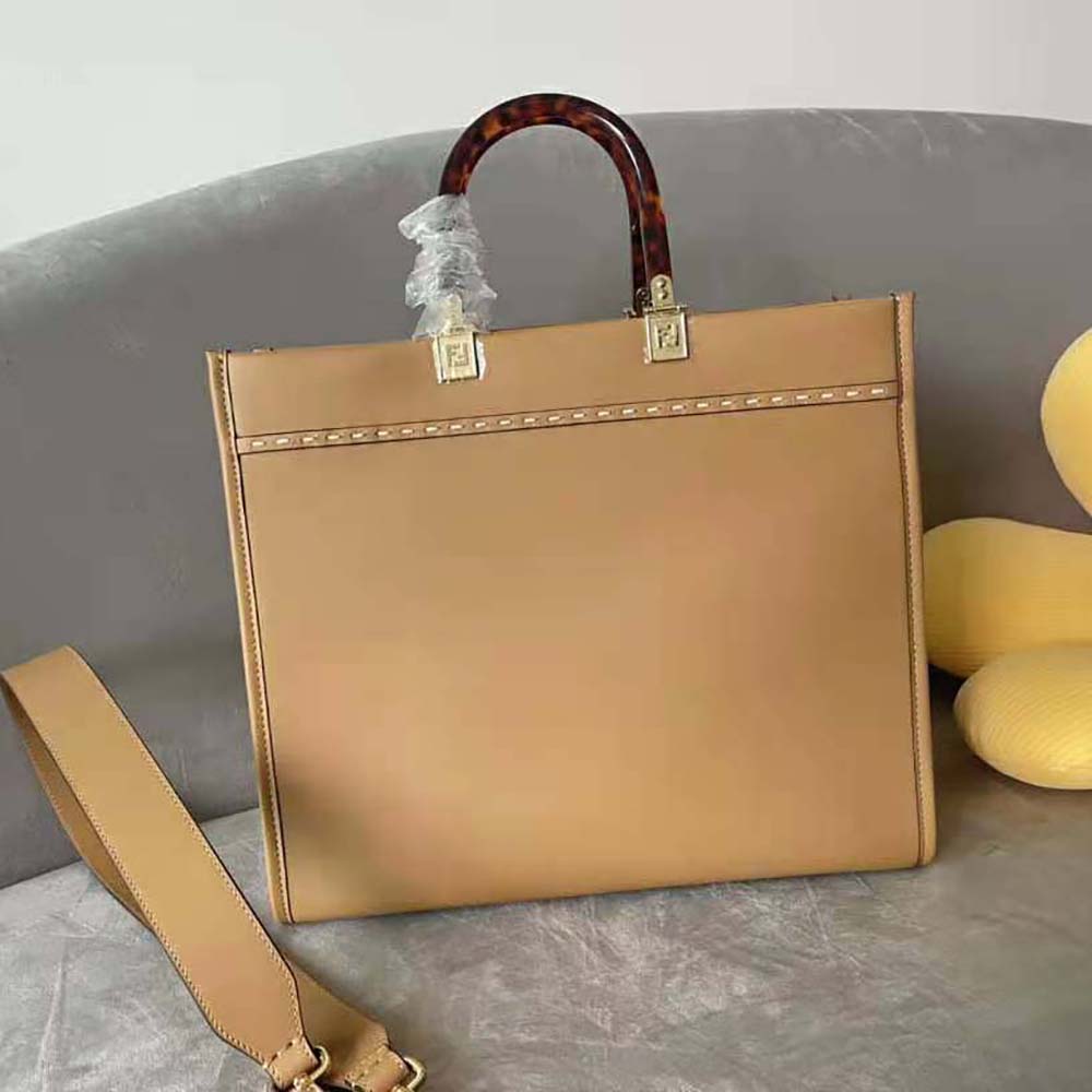 Fendi Women Sunshine Medium Light Brown Leather and Elaphe Shopper Bag