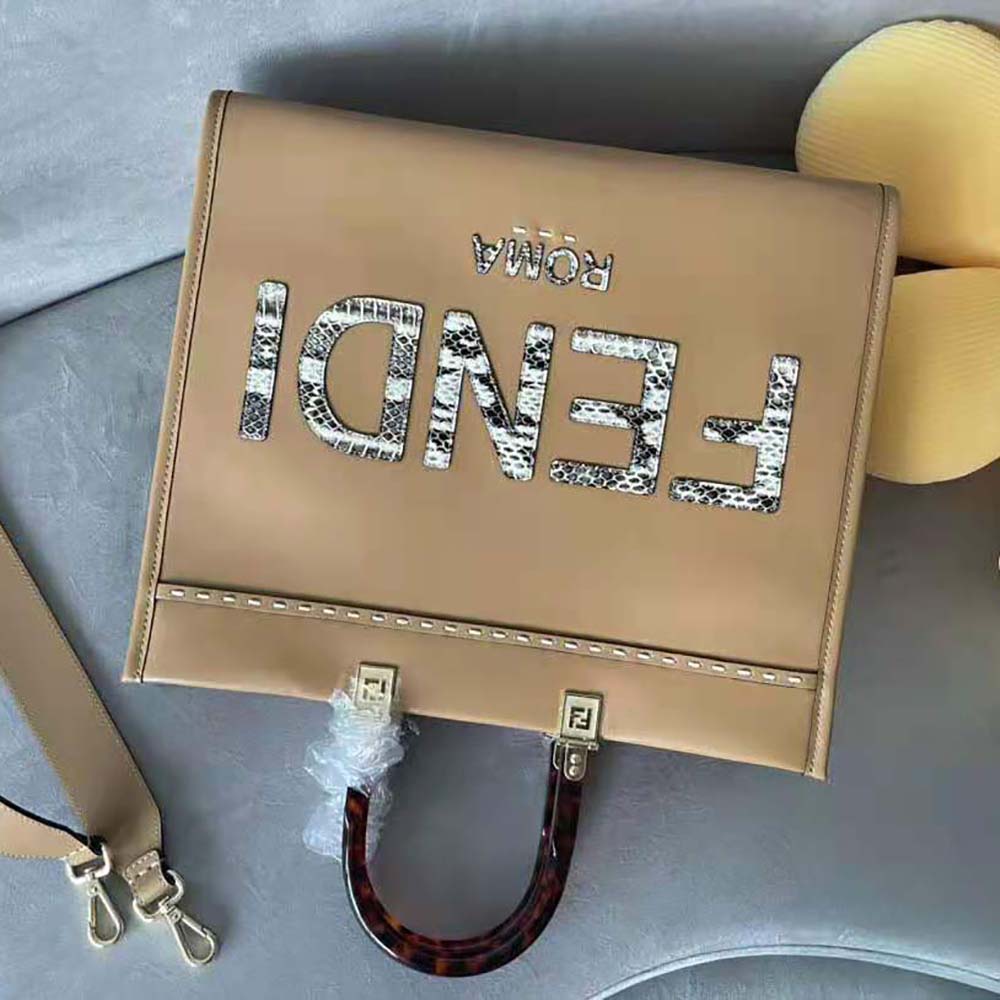 Fendi Women Sunshine Medium Light Brown Leather and Elaphe Shopper Bag