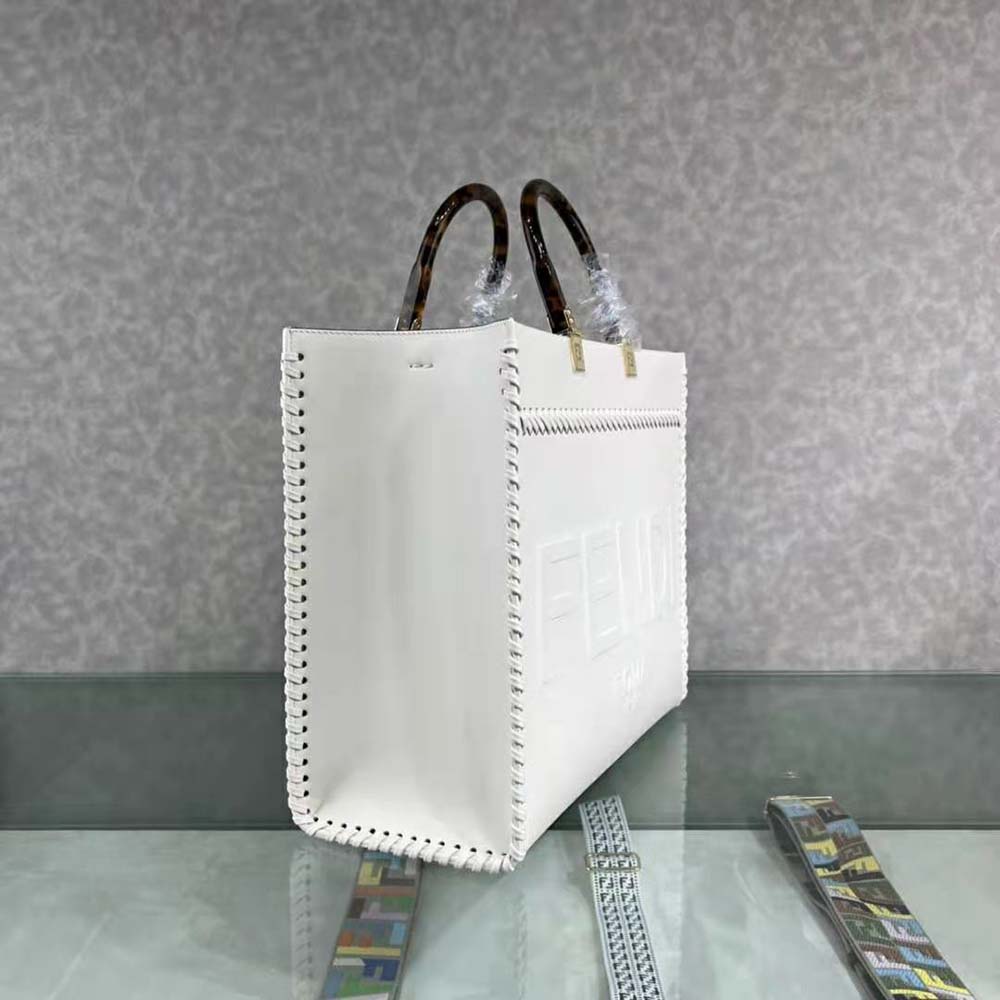 Fendi Women Sunshine Medium White Leather Shopper with Decorative Stitching
