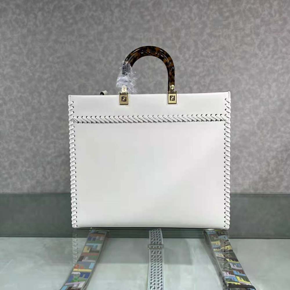 Fendi Women Sunshine Medium White Leather Shopper with Decorative Stitching