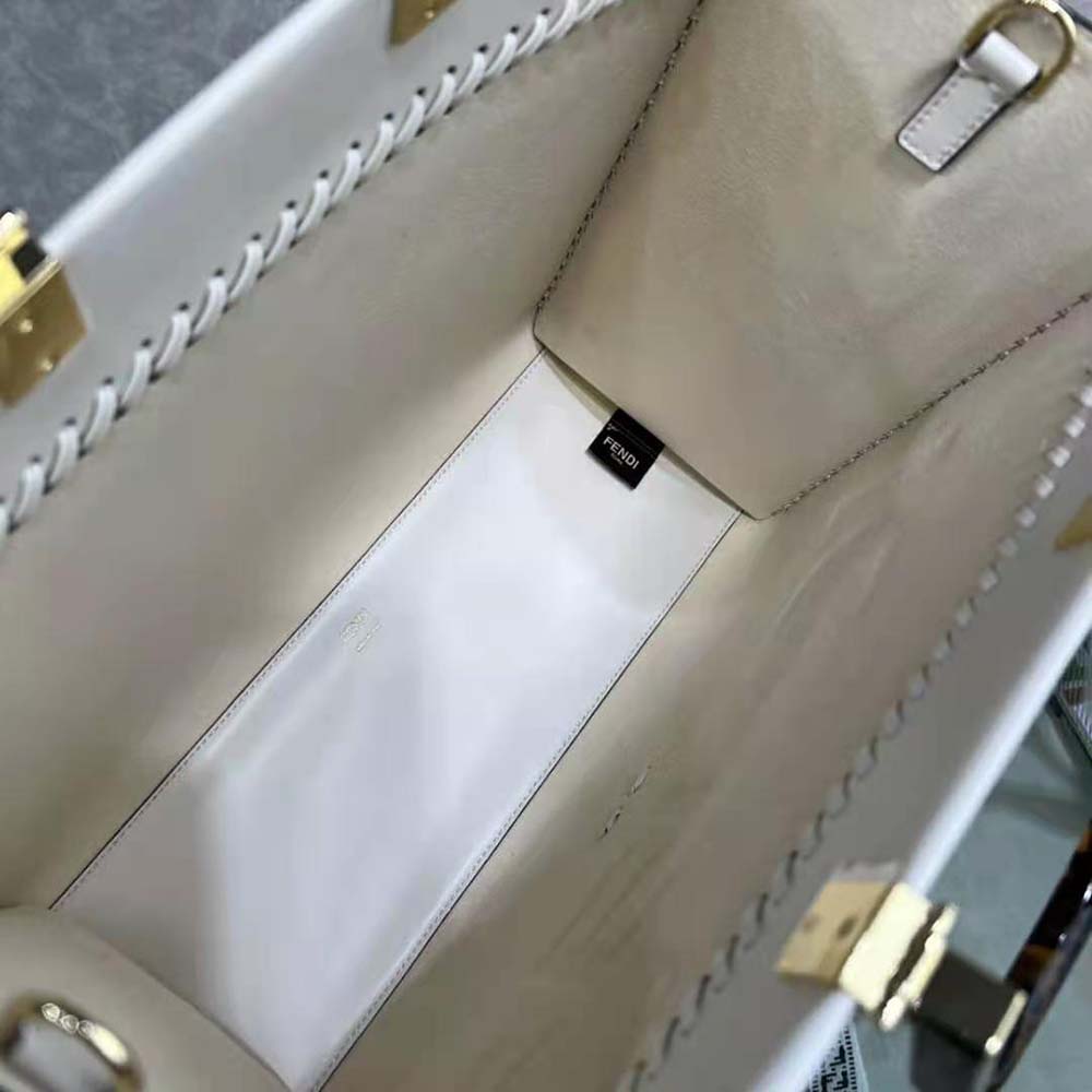Fendi Women Sunshine Medium White Leather Shopper with Decorative Stitching