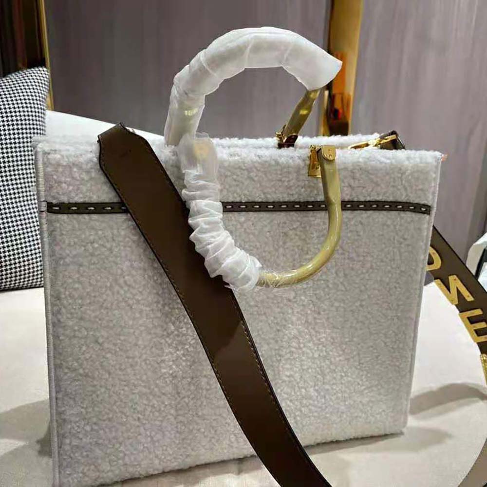 Fendi Women Sunshine Medium White Sheepskin Shopper