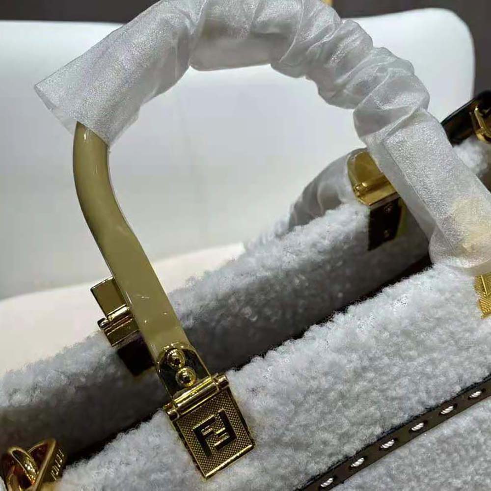 Fendi Women Sunshine Medium White Sheepskin Shopper