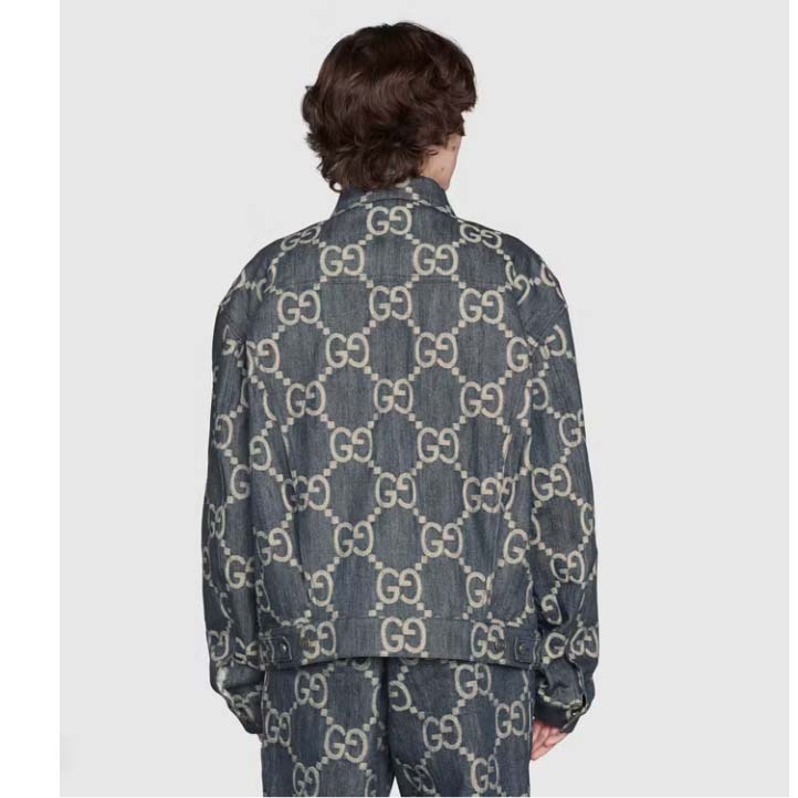Gucci GG Men Pineapple Jacket Blue Ivory Jumbo GG Jacquard Denim