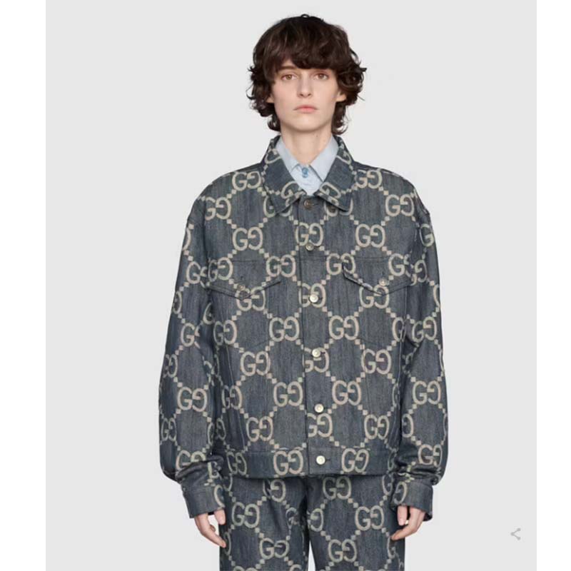Gucci GG Men Pineapple Jacket Blue Ivory Jumbo GG Jacquard Denim
