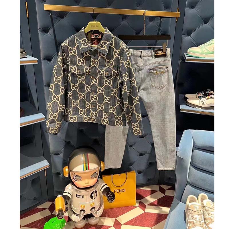 Gucci GG Men Pineapple Jacket Blue Ivory Jumbo GG Jacquard Denim