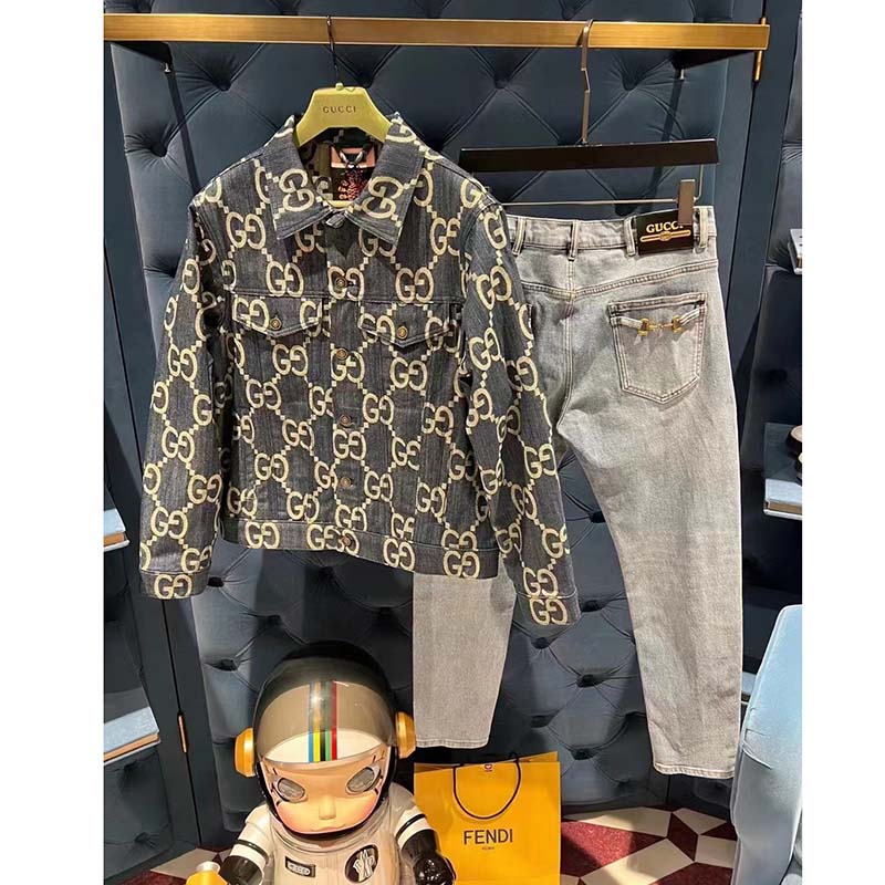 Gucci GG Men Pineapple Jacket Blue Ivory Jumbo GG Jacquard Denim