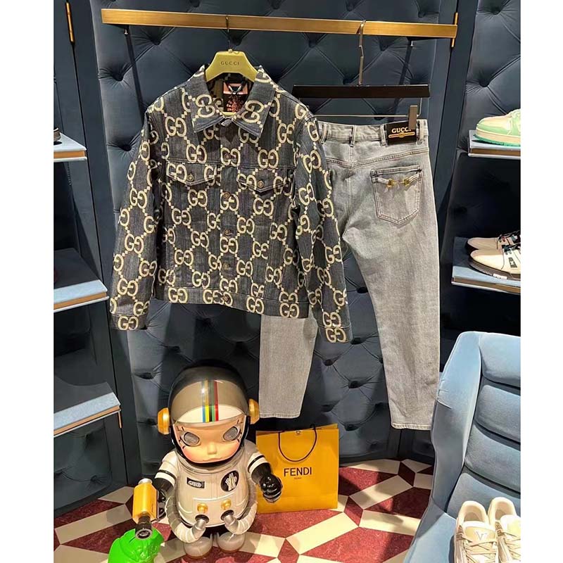 Gucci GG Men Pineapple Jacket Blue Ivory Jumbo GG Jacquard Denim