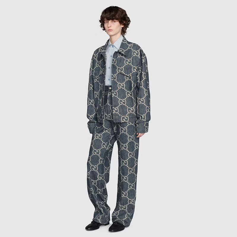 Gucci GG Men Pineapple Jacket Blue Ivory Jumbo GG Jacquard Denim