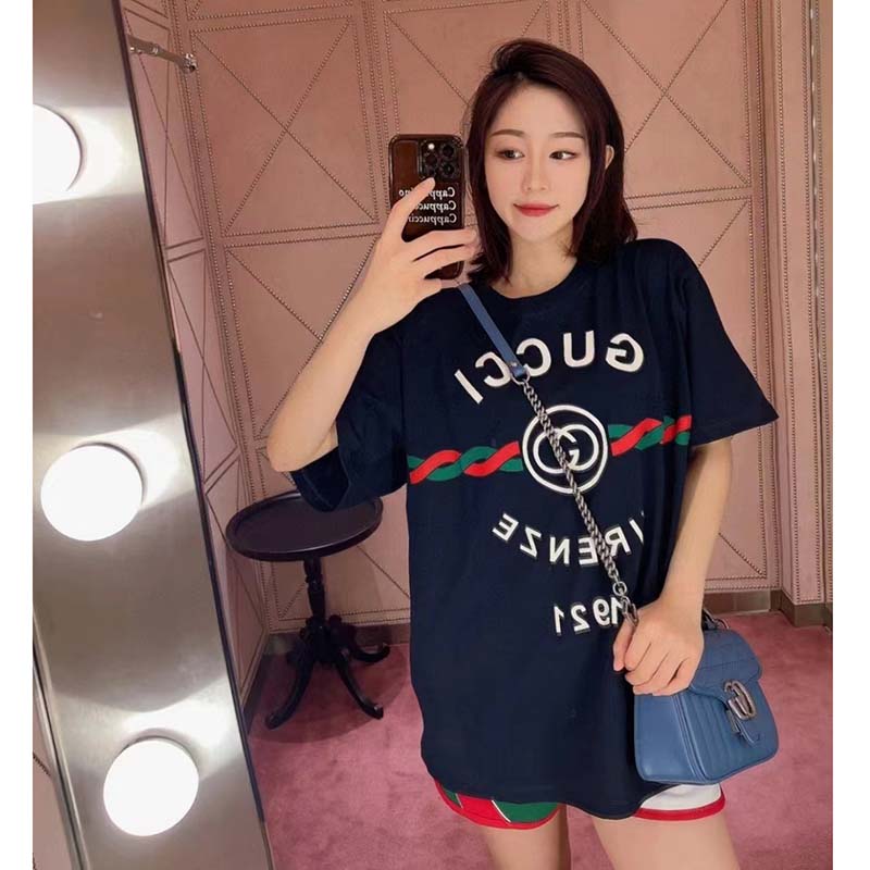 Gucci GG Women Cotton Jersey ‘Gucci Firenze 1921’ T-Shirt Crewneck Oversize Fit