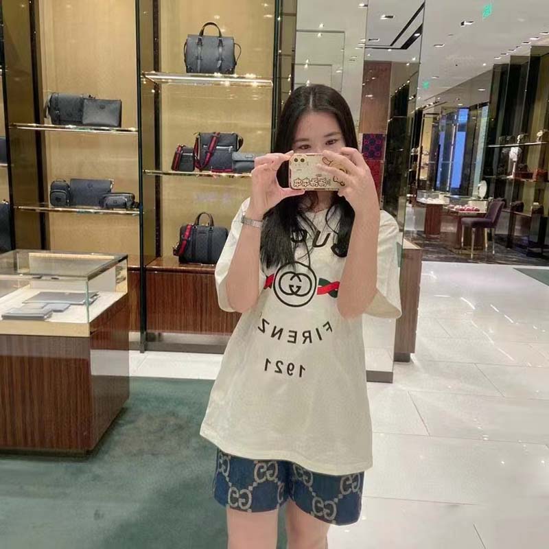 Gucci GG Women Cotton Jersey ‘Gucci Firenze 1921’ White T-Shirt Crewneck Oversize Fit
