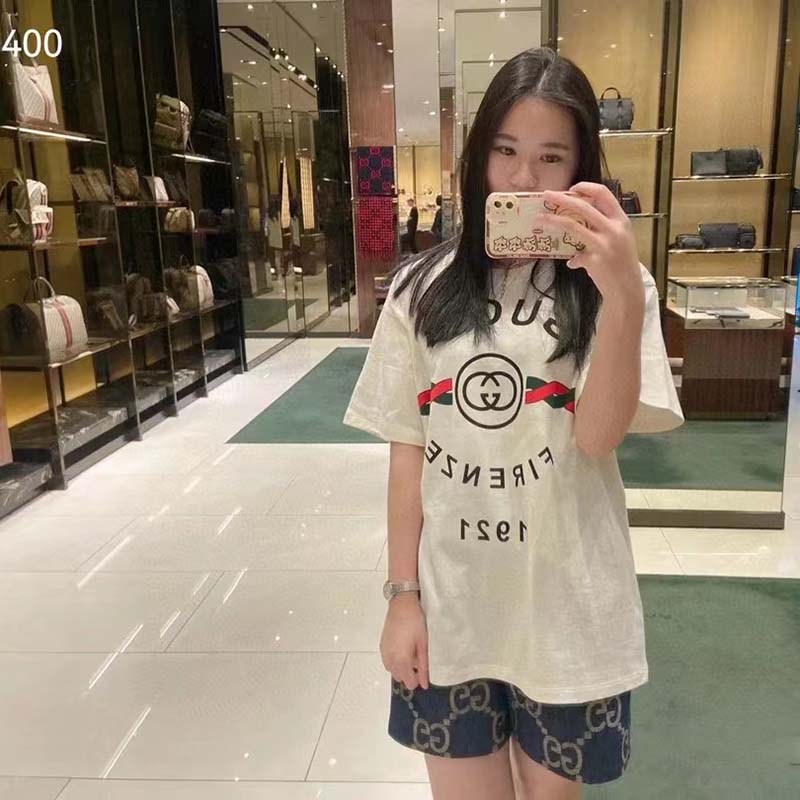 Gucci GG Women Cotton Jersey ‘Gucci Firenze 1921’ White T-Shirt Crewneck Oversize Fit