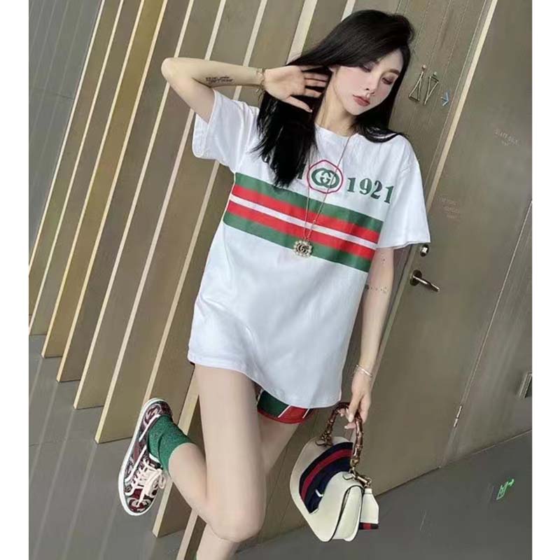 Gucci GG Women Cotton T-Shirt White Cotton Jersey Crewneck Oversize Fit