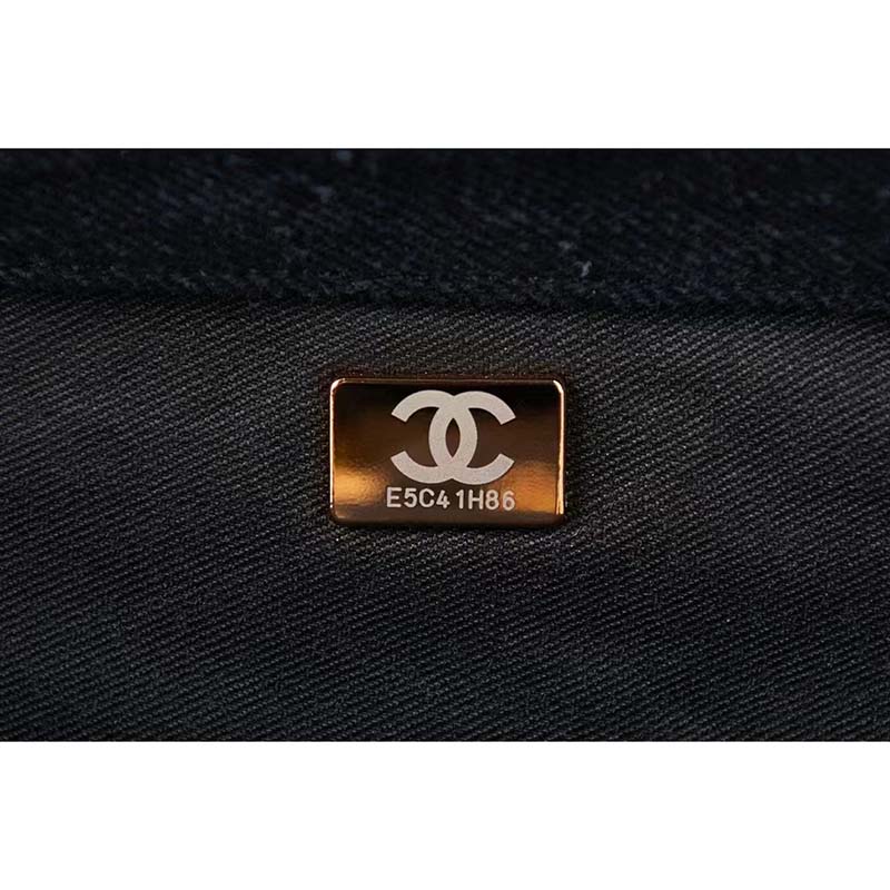 Chanel CC Women Large Flap Bag Printed Denim Gold-Tone Metal Black Multicolor