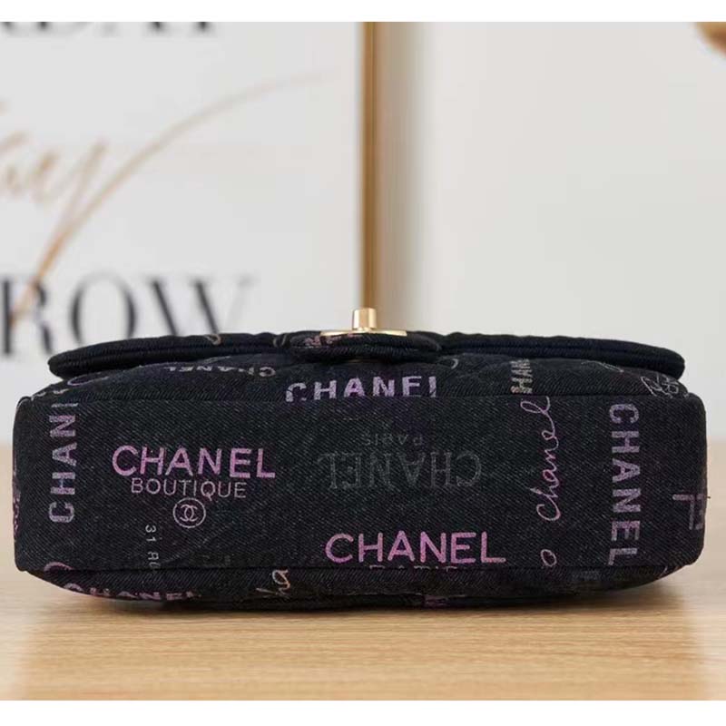 Chanel CC Women Large Flap Bag Printed Denim Gold-Tone Metal Black Multicolor