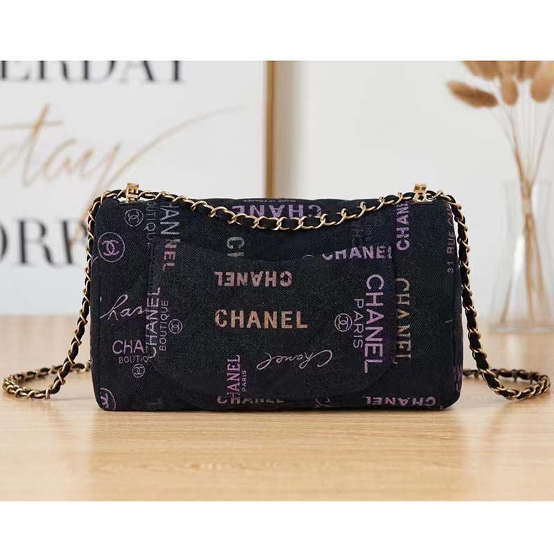 Chanel CC Women Large Flap Bag Printed Denim Gold-Tone Metal Black Multicolor