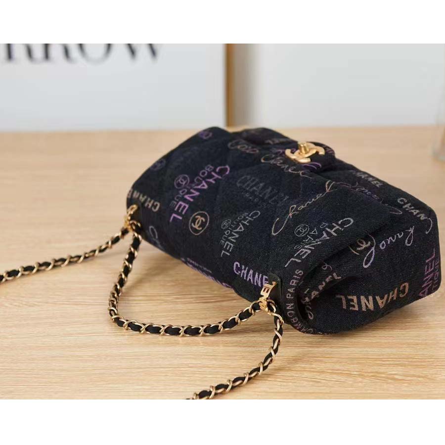 Chanel CC Women Large Flap Bag Printed Denim Gold-Tone Metal Black Multicolor