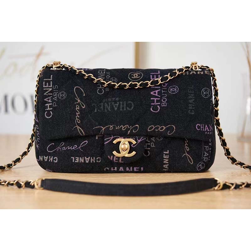 Chanel CC Women Large Flap Bag Printed Denim Gold-Tone Metal Black Multicolor