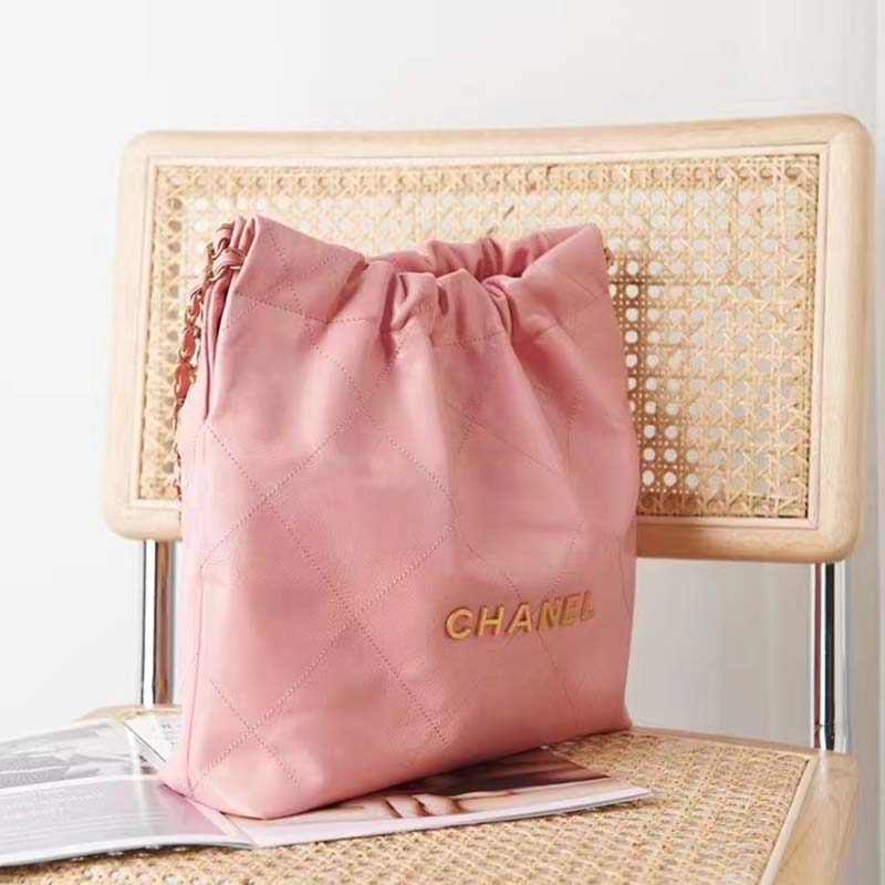 Chanel Women 22 Small Handbag Shiny Calfskin Gold-Tone Metal Coral Pink