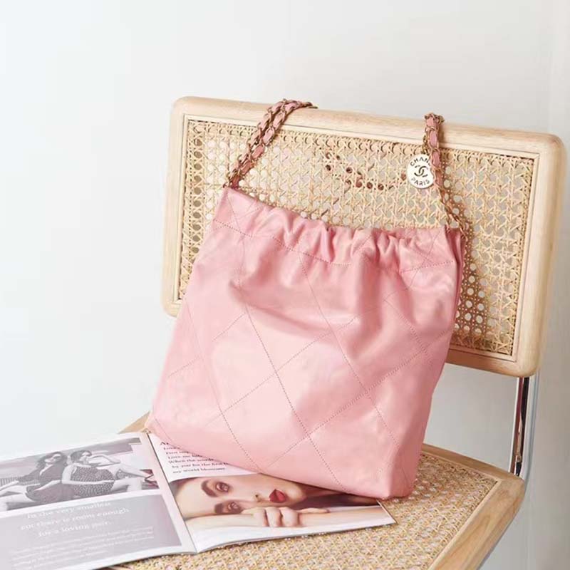 Chanel Women 22 Small Handbag Shiny Calfskin Gold-Tone Metal Coral Pink