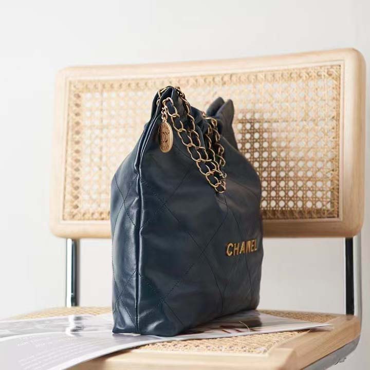 Chanel Women 22 Small Handbag Shiny Calfskin Gold-Tone Metal Navy Blue