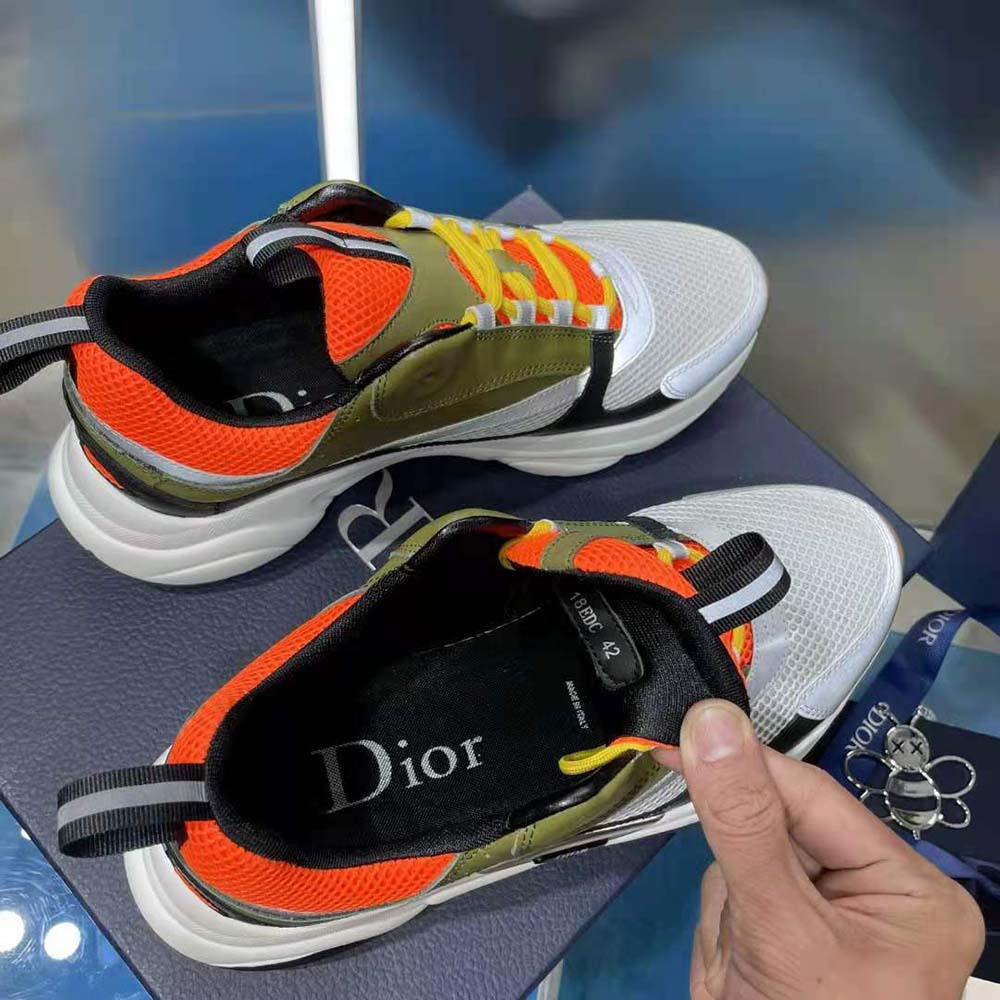 Dior Men B22 Sneaker Orange and White Technical Mesh with Khaki and Black Smooth Calfskin