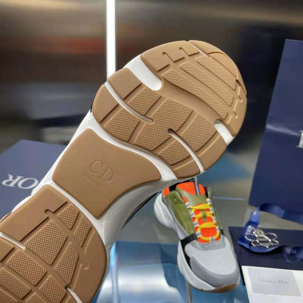 Dior Men B22 Sneaker Orange and White Technical Mesh with Khaki and Black Smooth Calfskin