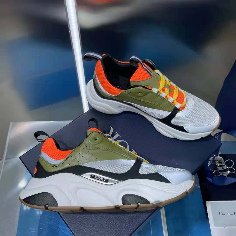 Dior Men B22 Sneaker Orange and White Technical Mesh with Khaki and Black Smooth Calfskin