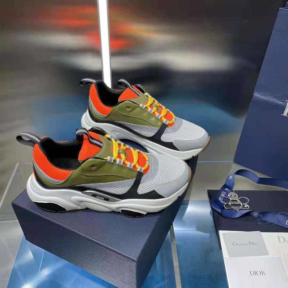 Dior Men B22 Sneaker Orange and White Technical Mesh with Khaki and Black Smooth Calfskin