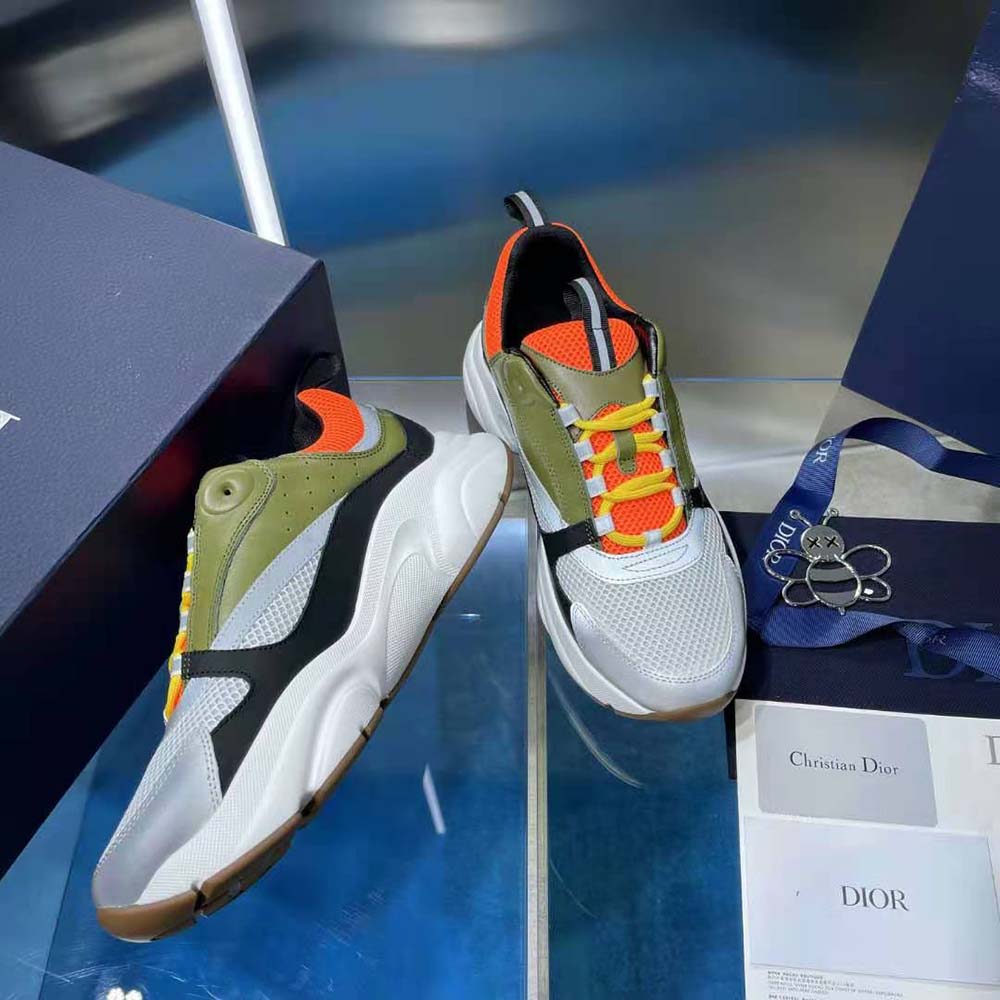 Dior Men B22 Sneaker Orange and White Technical Mesh with Khaki and Black Smooth Calfskin