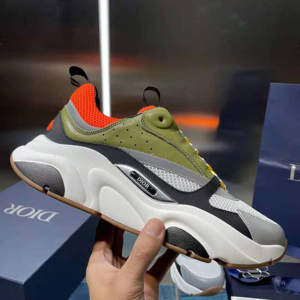 Dior Men B22 Sneaker Orange and White Technical Mesh with Khaki and Black Smooth Calfskin