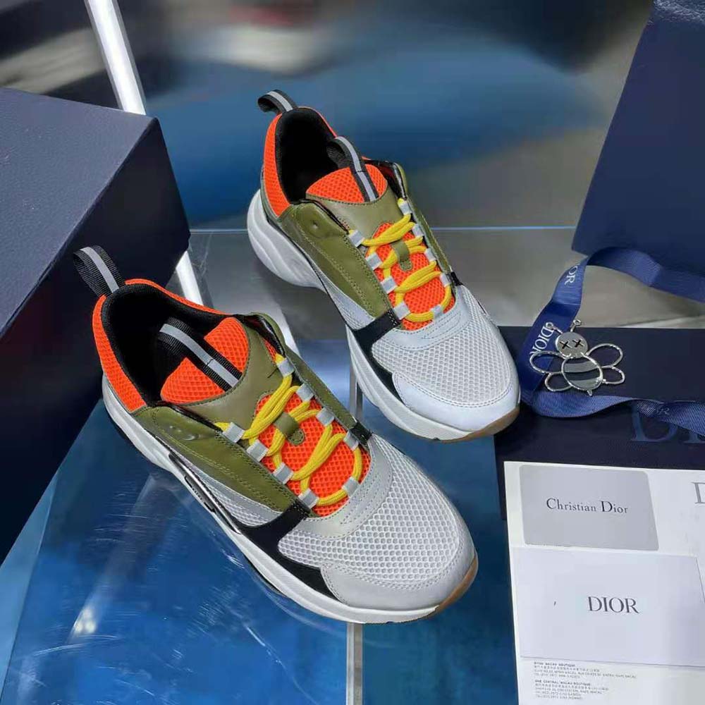 Dior Men B22 Sneaker Orange and White Technical Mesh with Khaki and Black Smooth Calfskin