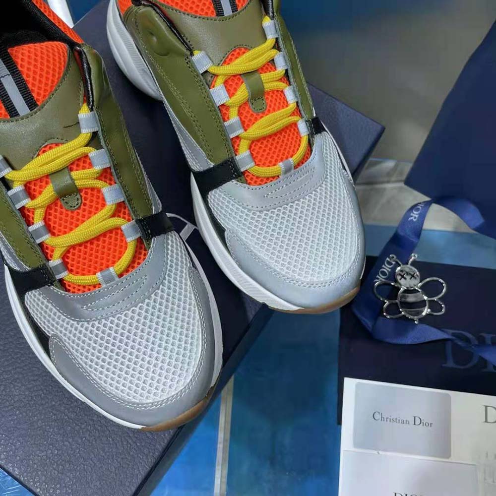 Dior Men B22 Sneaker Orange and White Technical Mesh with Khaki and Black Smooth Calfskin